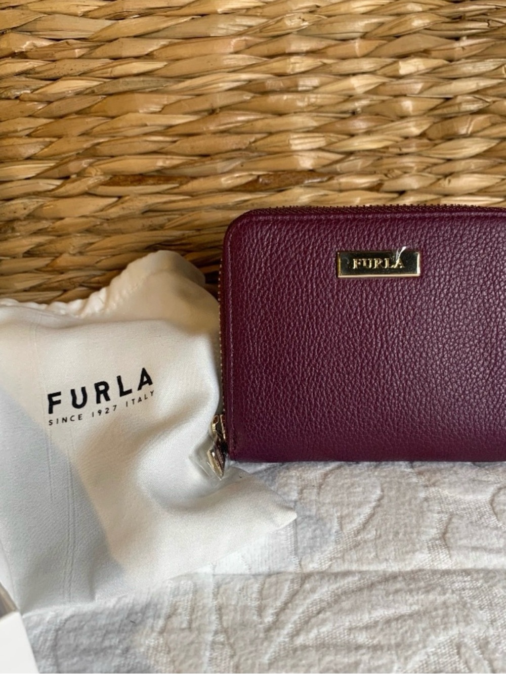 Furla Plum Zip-Around Pebbled Leather Wallet with Gold Logo Burgundy - Picture 1 of 5